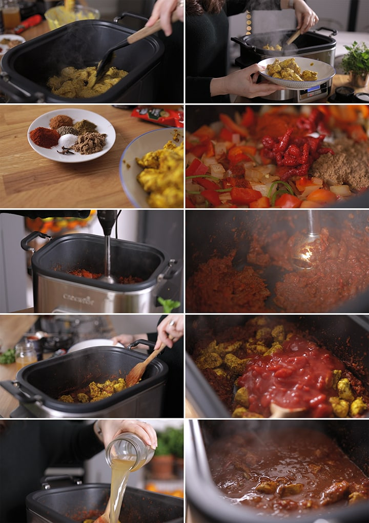 10 image collage showing how to make lighter/healthier chicken rogan josh in slow cooker