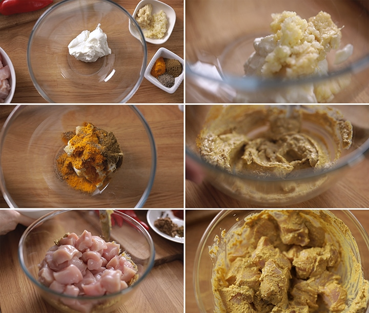 6 image collage showing marinating of chicken for chicken rogan josh