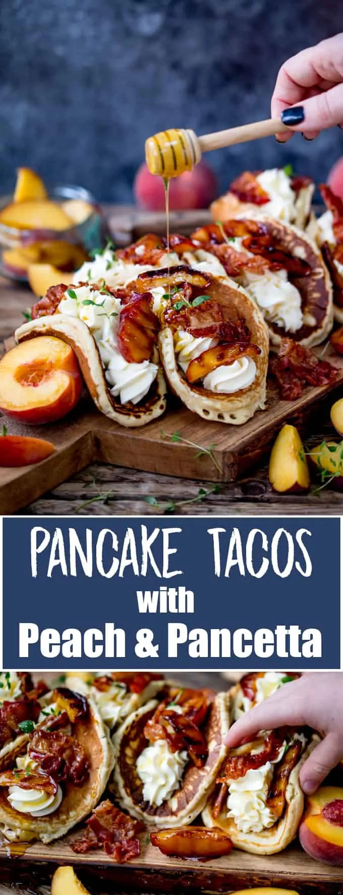 Pancake Tacos with Caramelized Peaches and Pancetta! Plus lashings of whipped cream... #pancakeday #pancakes #brunchrecipe #breakfastrecipe #peachrecipe