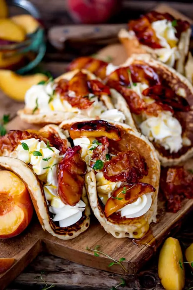 Pancake Tacos with Caramelized Peaches and Pancetta! Plus lashings of whipped cream...