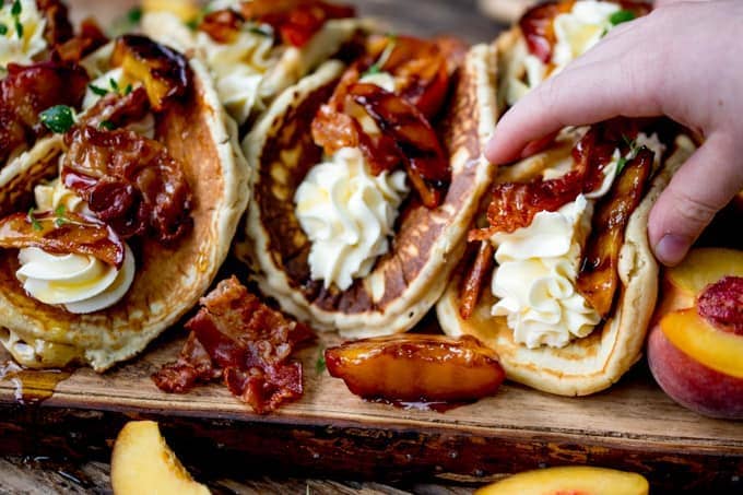 Pancake Tacos with Caramelized Peaches and Pancetta! Plus lashings of whipped cream...