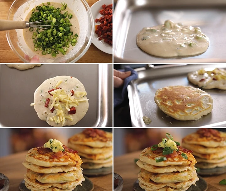 6 image collage showing how to make savoury dinner pancakes