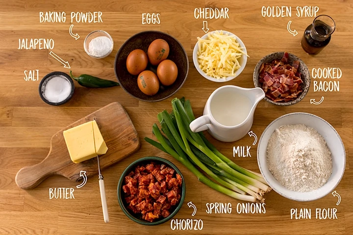 Ingredients for savoury dinner pancakes on a wooden table