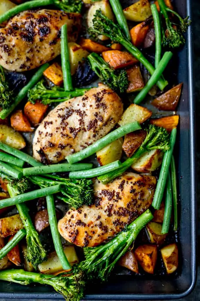 Sheet Pan Honey Mustard Chicken with Vegetables - A healthier option when you want a quick and easy dinner! Gluten free too!