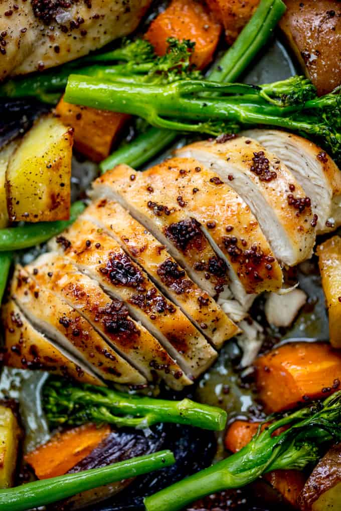 Sheet Pan Honey Mustard Chicken with Vegetables - A healthier option when you want a quick and easy dinner! Gluten free too!