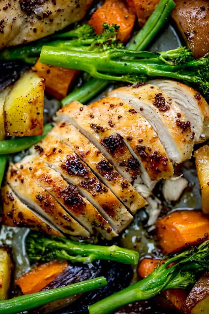 Sheet Pan Honey Mustard Chicken with Vegetables - A healthier option when you want a quick and easy dinner! Gluten free too!