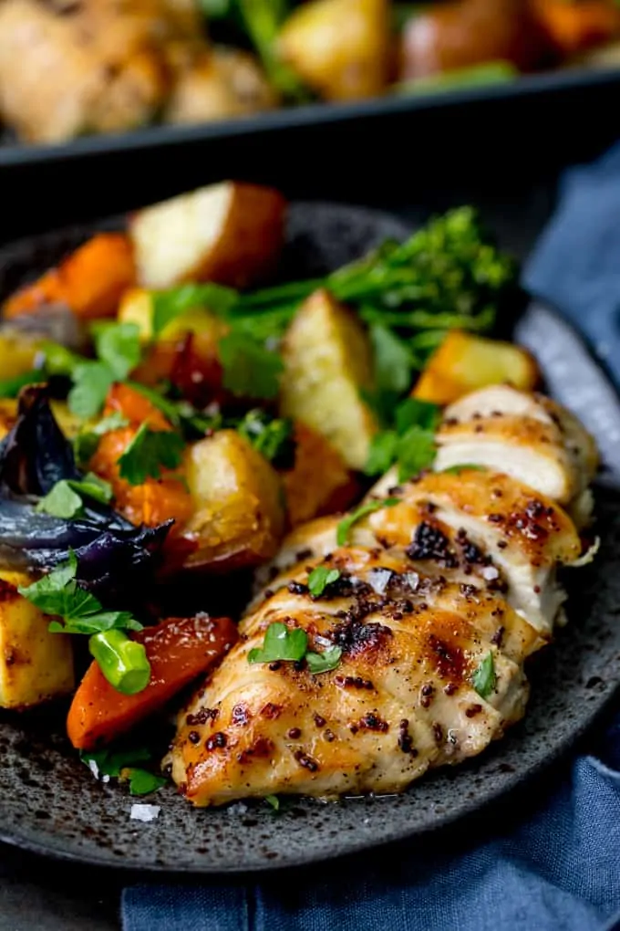 Sheet Pan Honey Mustard Chicken with Vegetables - A healthier option when you want a quick and easy dinner! Gluten free too!