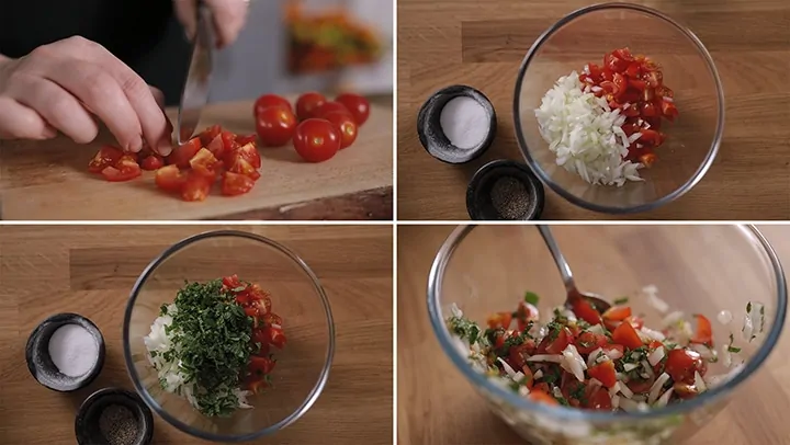4 image collage showing how to make tomato and onion salad