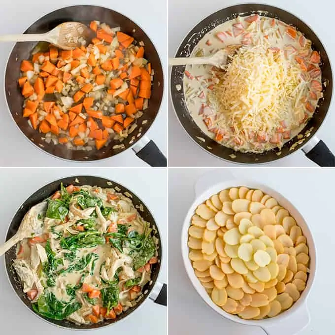 Process photo collage of the steps to make my Creamy Chicken and Potato Bake with extra veggies.