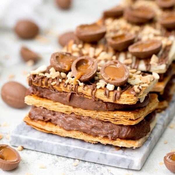 A chocolate lover's dream! This Easter Chocolate Caramel Egg Mille Feuille (chocolate vanilla slice) ticks all the boxes for Easter Dessert! #easterdessert #millefeuille #chocolate #chocolatecustard #vanillaslice #custardslice