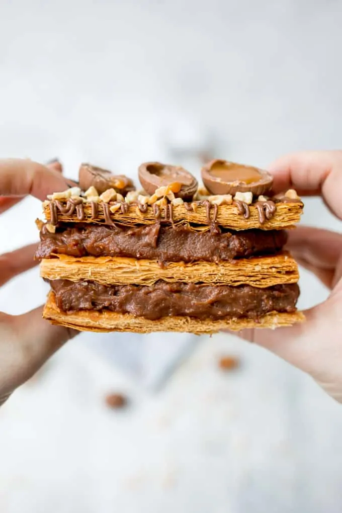 A chocolate lover's dream! This Easter Chocolate Caramel Egg Mille Feuille (chocolate vanilla slice) ticks all the boxes for Easter Dessert! #easterdessert #millefeuille #chocolate #chocolatecustard #vanillaslice #custardslice