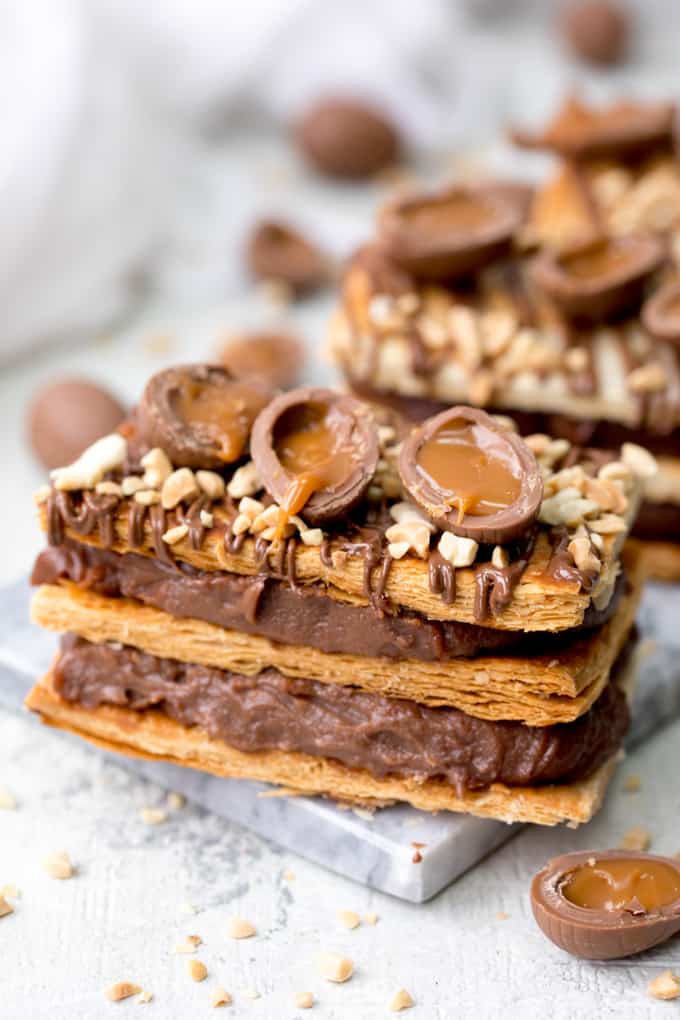 A chocolate lover's dream! This Easter Chocolate Caramel Egg Mille Feuille (chocolate vanilla slice) ticks all the boxes for Easter Dessert! #easterdessert #millefeuille #chocolate #chocolatecustard #vanillaslice #custardslice