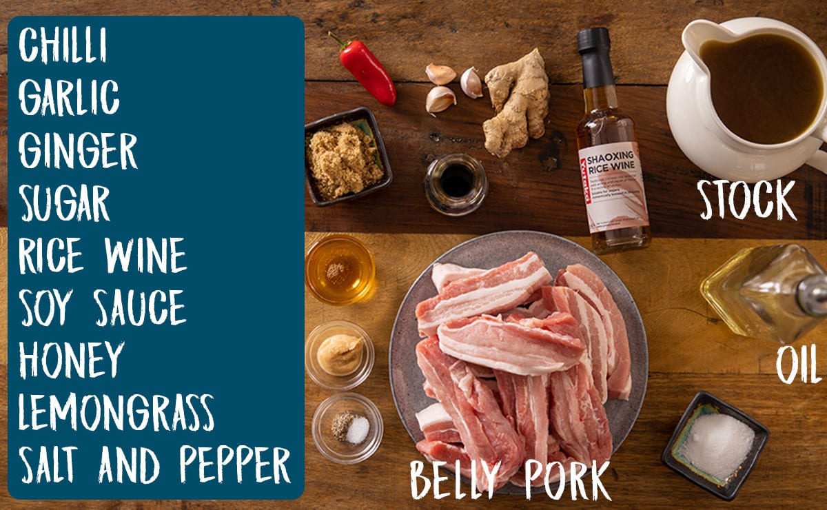 Ingredients for sticky pork belly for my sticky pork belly burger recipe, on a wooden board