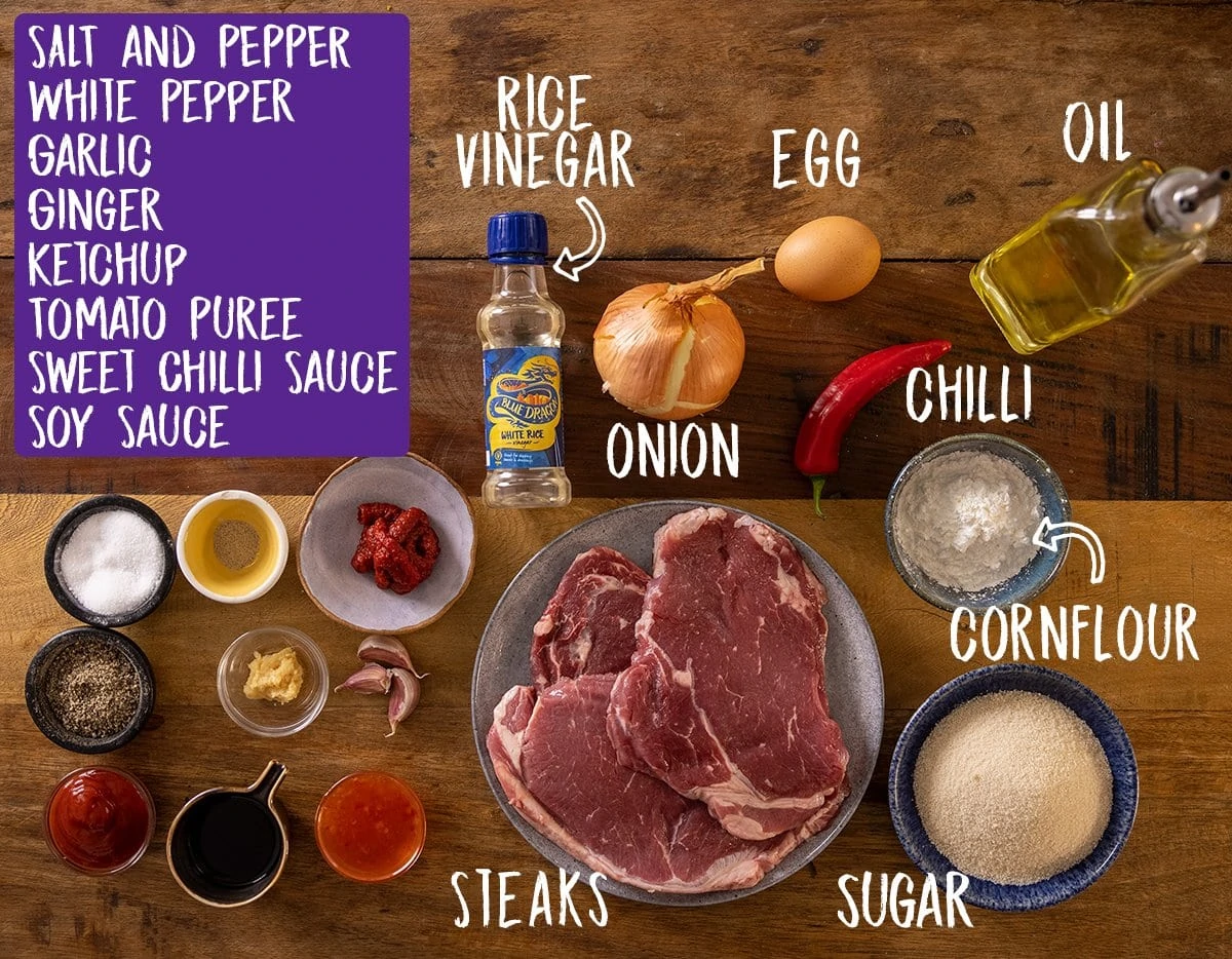 Ingredients for crispy chilli beef on a wooden table