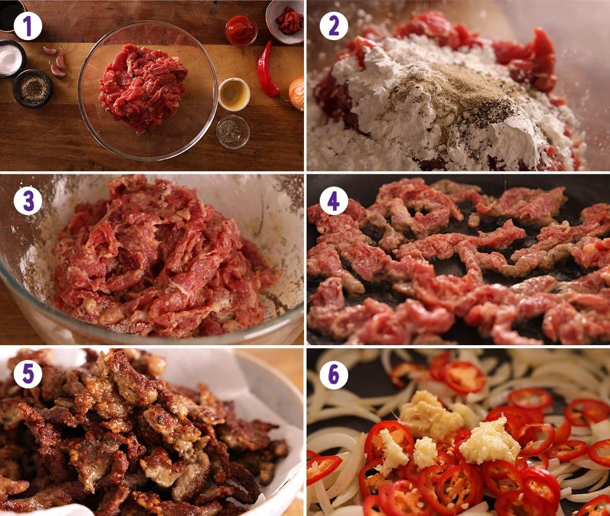 6 image collage showing the initial steps for making crispy chilli beef