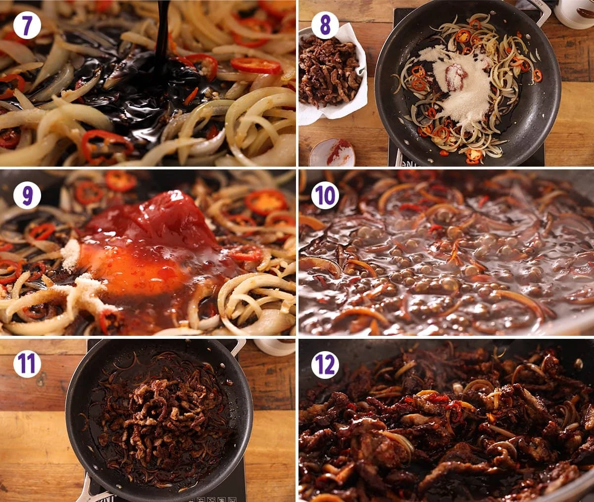 6 image collage showing how to make crispy chilli beef