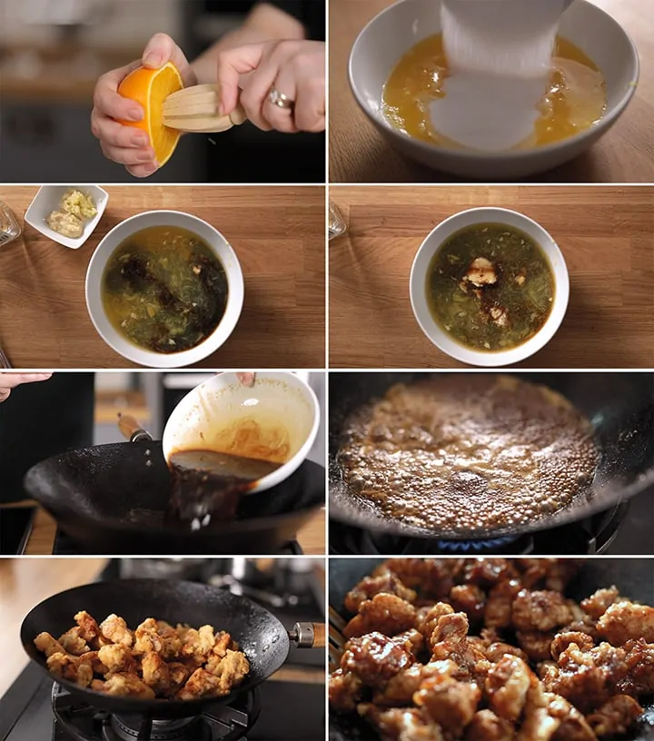 6 image collage showing how to make orange chicken sauce