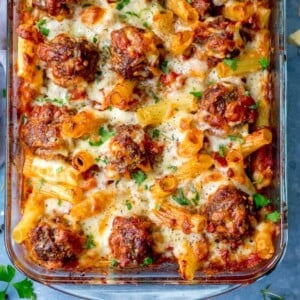 Square overhead image of meatball and pasta bake