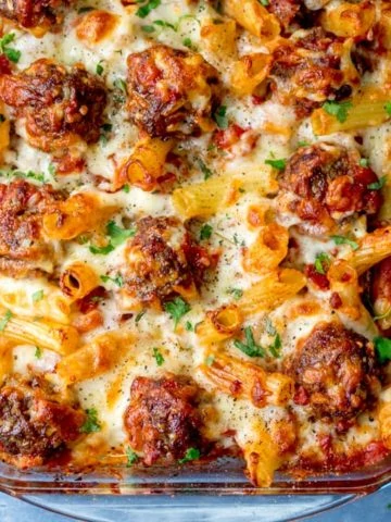 Square overhead image of meatball and pasta bake