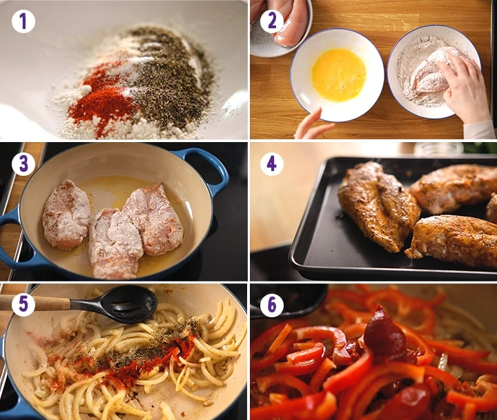 6 image collage showing initial prep steps for making Tuscan Chicken