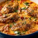 Creamy Tuscan Chicken in a dark pan