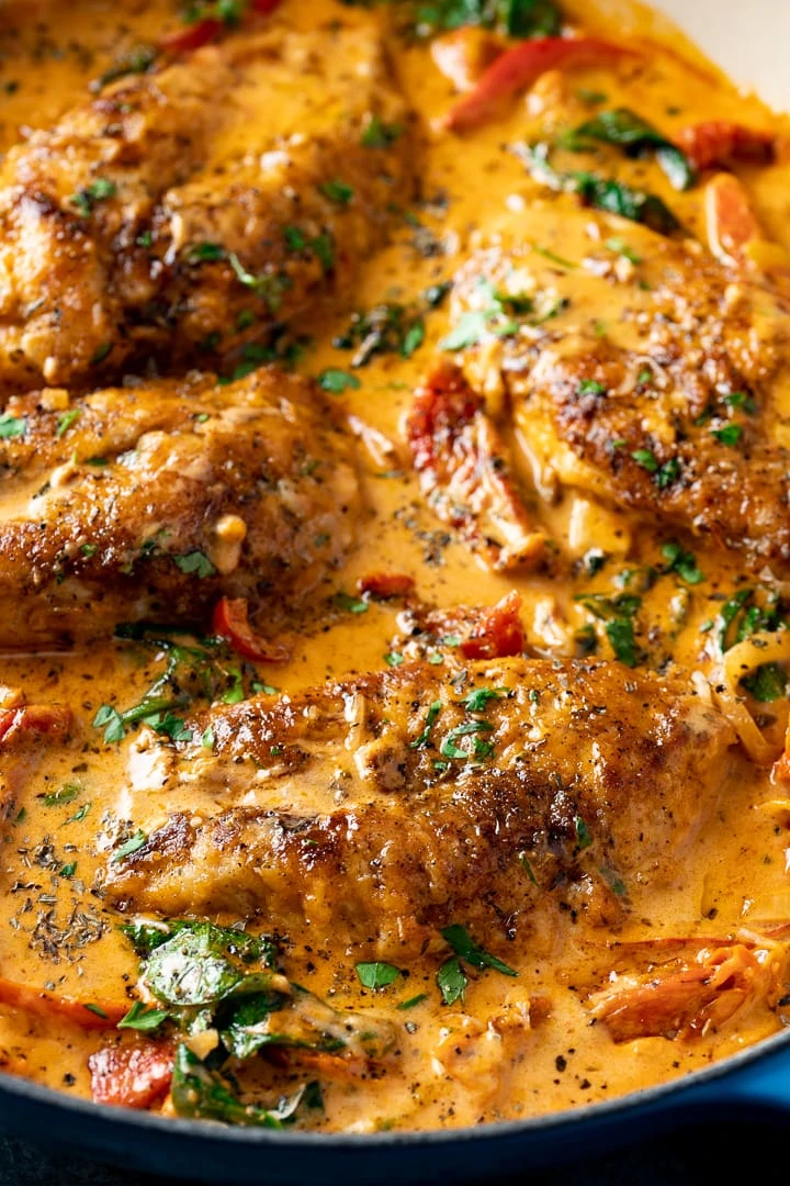Close up of Creamy Tuscan Chicken in a pan