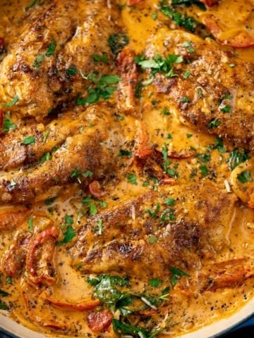 Overhead of Creamy Tuscan Chicken with sundried tomatoes
