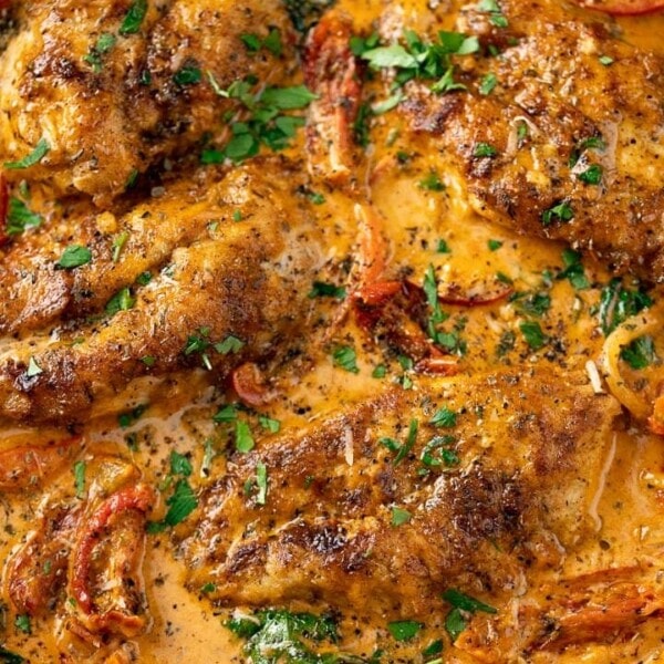 Overhead of Creamy Tuscan Chicken with sundried tomatoes