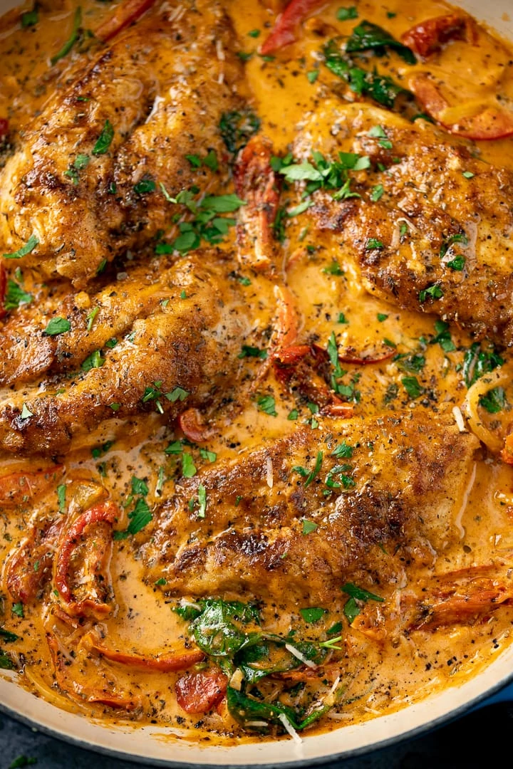 Overhead of Creamy Tuscan Chicken with sundried tomatoes