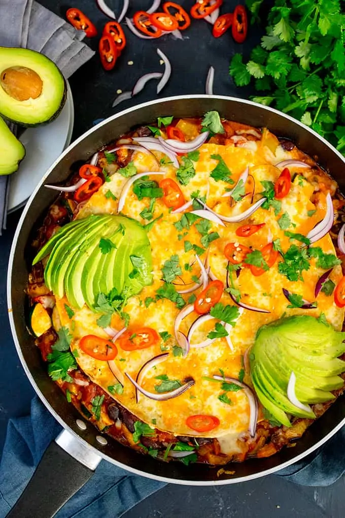 Overhead image of vegetarian tortilla one-pan meal.