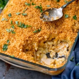 square image of mac and cheese with crunchy topping