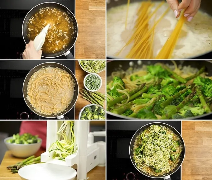 6 prep photos of the making of one pot garlic and herb spaghetti with spring vegetables
