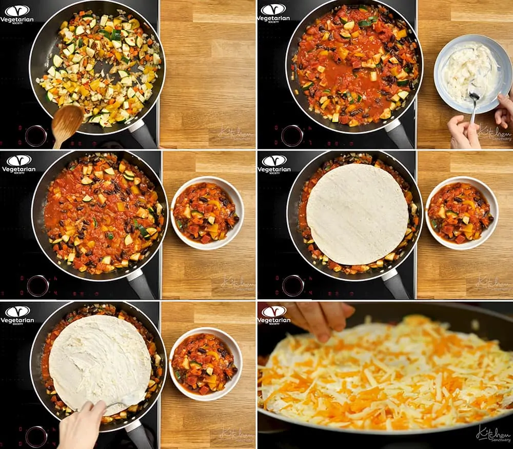 6 prep photos for making vegetarian Mexican tortilla pan.