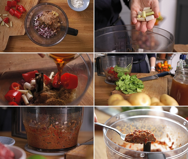 6 image collage showing how to make massaman curry paste