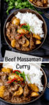 2 image collage of bowls of beef massaman curry with a text overlay