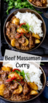 2 image collage of bowls of beef massaman curry with a text overlay