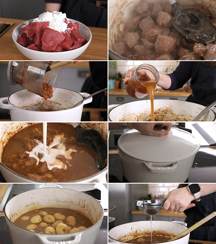 8 image collage showing how to make beef massaman curry