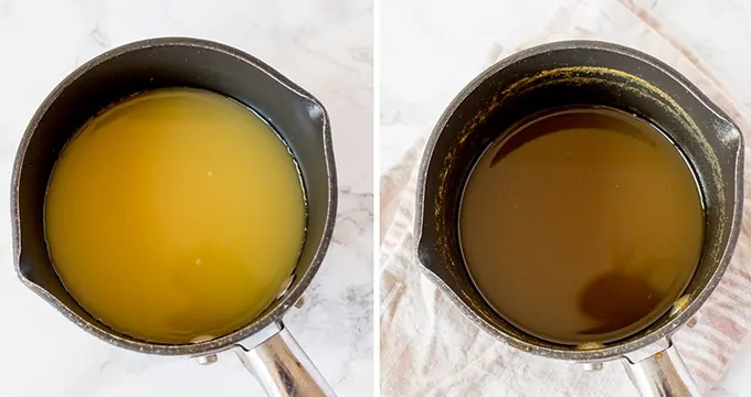 pan of orange juice on left. Pan of orange juice on right that has been reduced by two thirds.