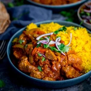 Square image of chicken Jalfrezi with pilau rice