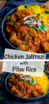 Two image collage of Chicken Jalfrezi with pilau rice