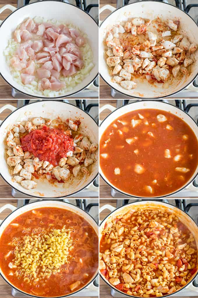 6 photo collage of chicken and bacon mac and cheese preparation in one pan