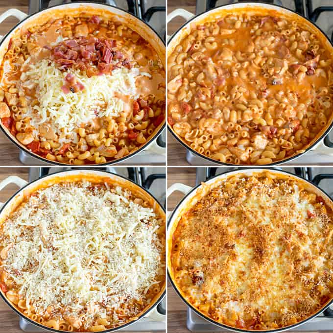 4 photo collage of chicken and bacon mac and cheese preparation
