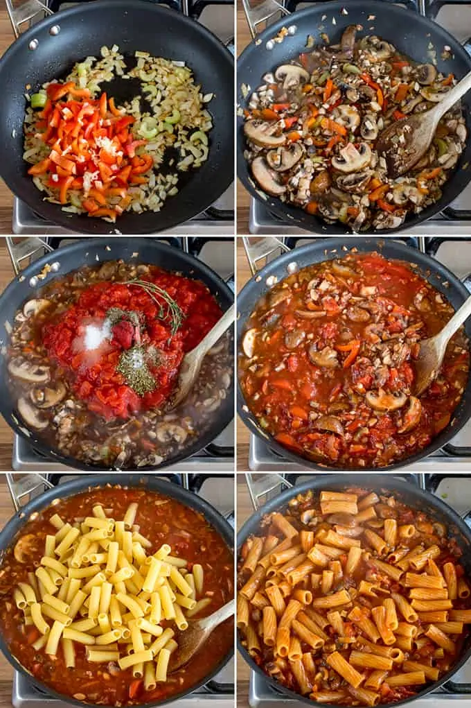 6 images showing the preparation steps for one pot mushroom ragu with rigatoni.