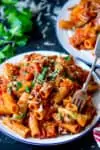 Plate of mushroom ragu with rigatoni. Fork is stuck in some of the pasta.