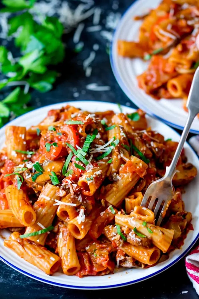 Plate of mushroom ragu with rigatoni. Fork is stuck in some of the pasta