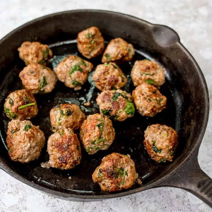 Cooked meatballs in a pan