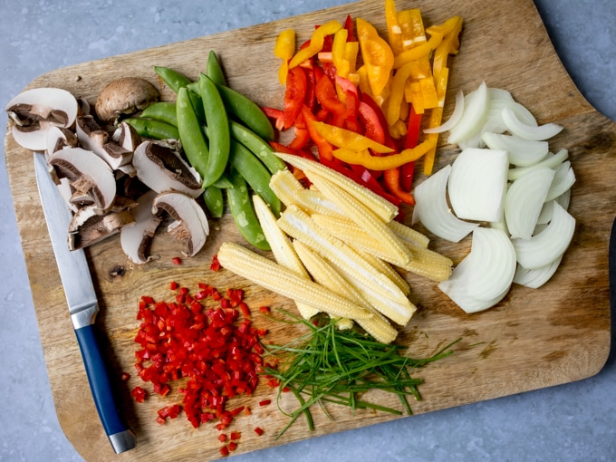 Chopped vegetables on a board for a stir fry