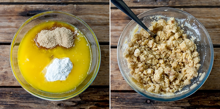 2 images of making crumble mixture in a bowl