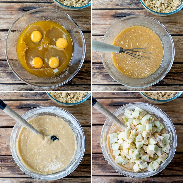 Steps for making apple crumble cake. 4 bowl photos of the different stages.