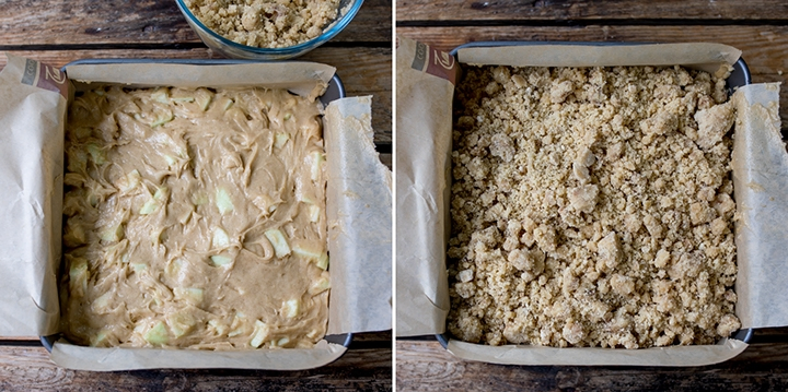 Apple crumble cake mix in a tray. One image without the crumble, one image with the crumble topping.